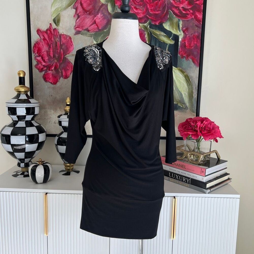 White House Black Market Women's Beaded Sequined Cowl Neck Tunic Top Black Small
